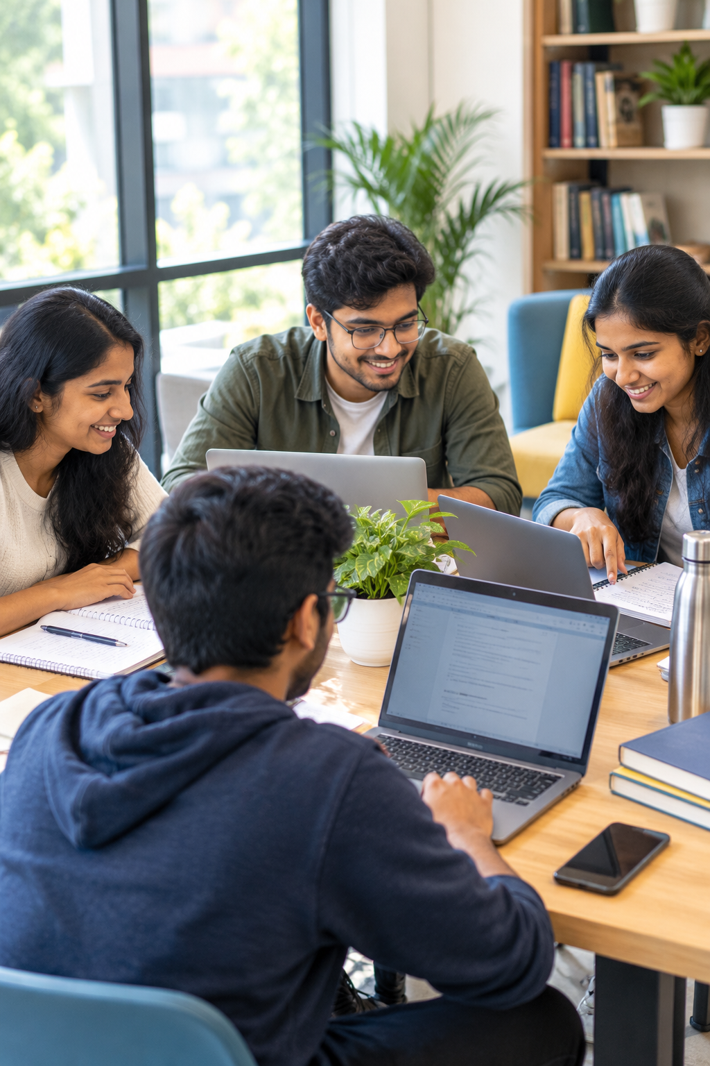 Indian college students collaborating on their studies in a modern campus lounge