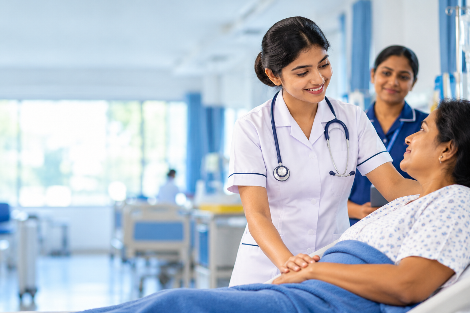 Nurse compassionately supporting a patient in a modern hospital ward